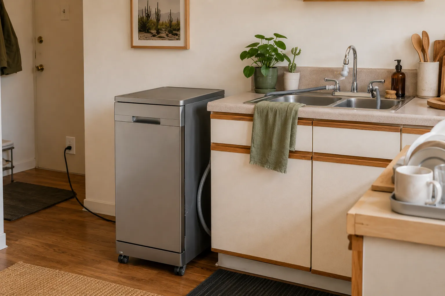 Narrow portable dishwasher loaded with a realistic one- or two-person dish set while oversized cookware remains beside the sink.