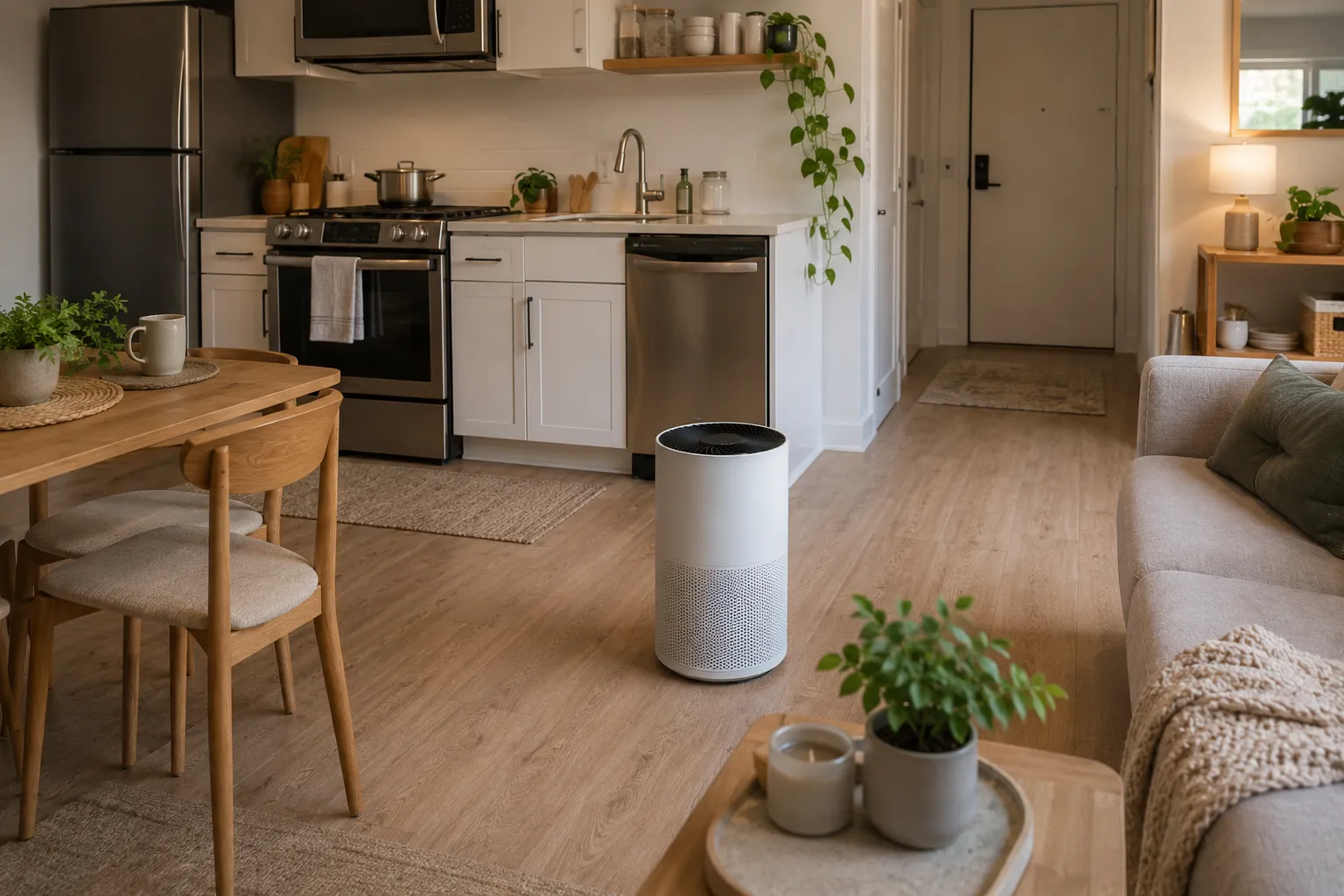Small apartment open kitchen with compact air purifier positioned to support cooking odor control.