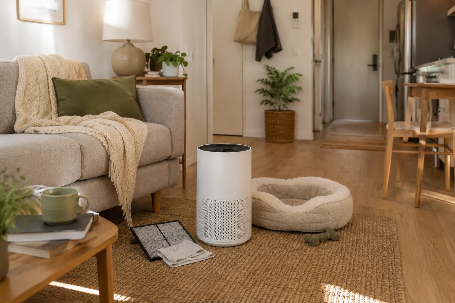 Apartment air purifier pre-filter with pet hair and lint near a small living area and pet zone.