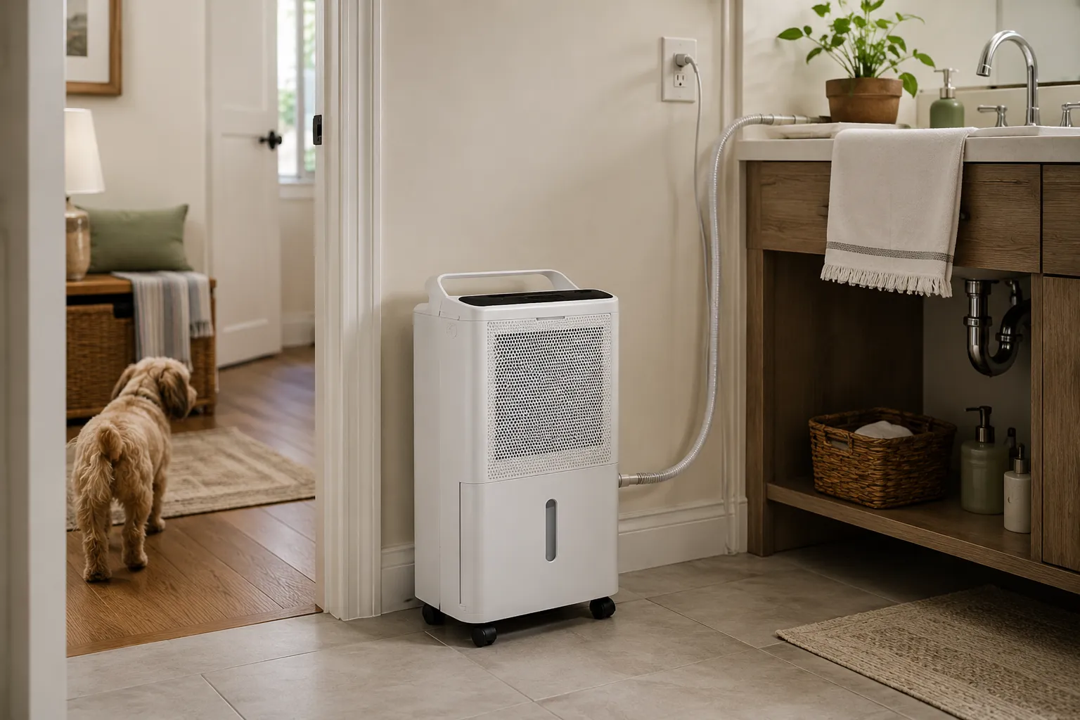 Built-in-pump dehumidifier draining through a securely routed hose to a nearby sink while keeping the doorway, walking path, electrical cord, and bucket access clear.