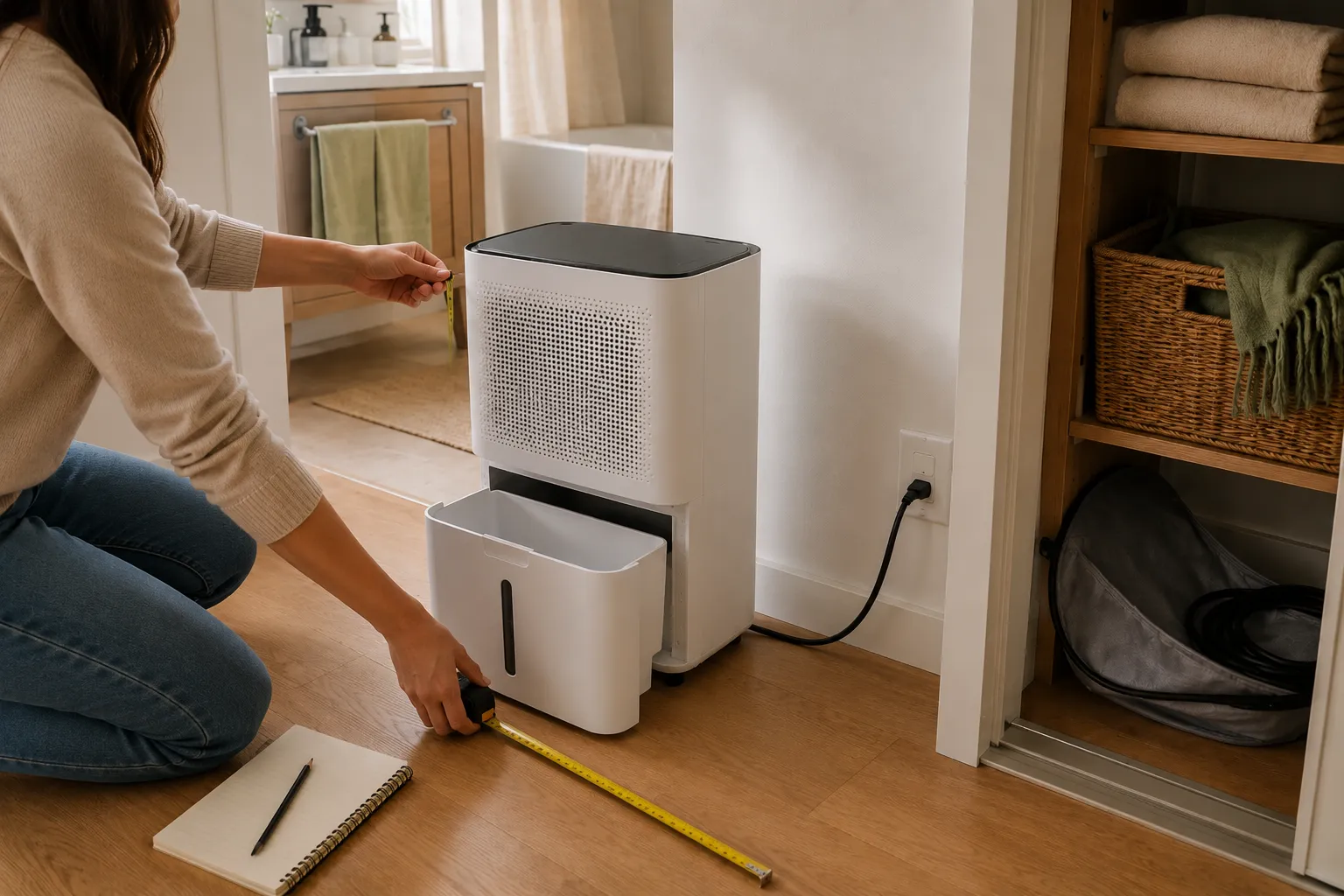 Adult renter measuring dehumidifier depth, front bucket clearance, airflow space, outlet reach, sink route, and seasonal storage area.