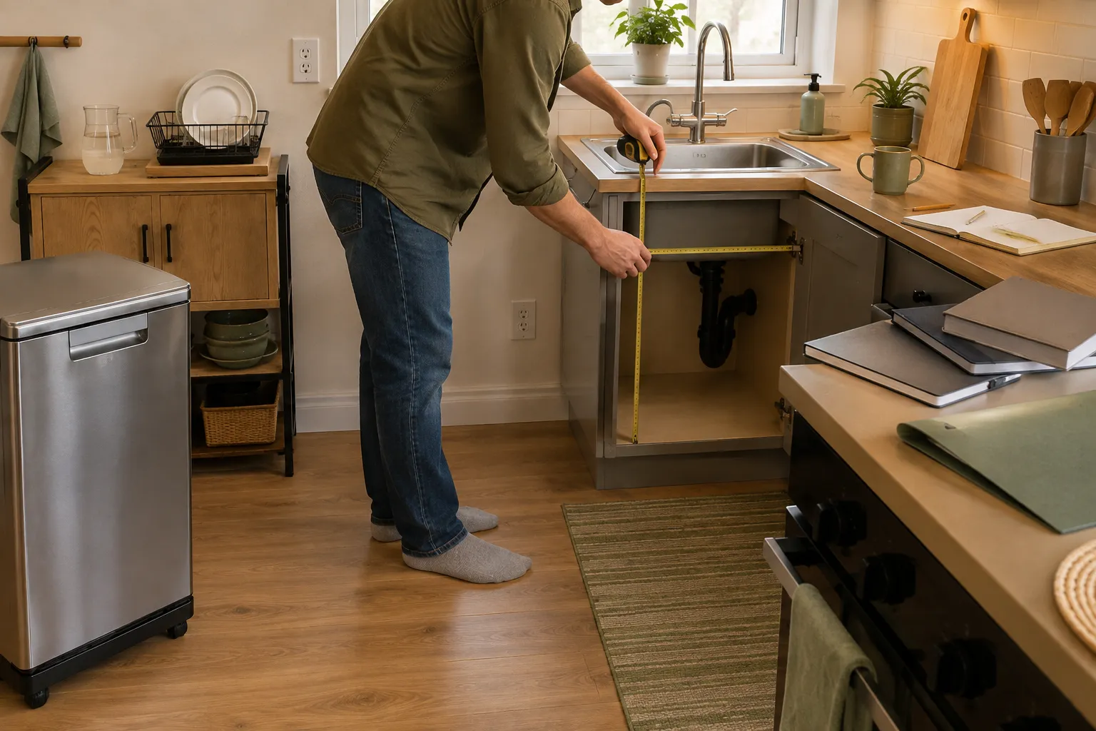 Adult renter checking lease documents, cabinet space, countertop area, faucet type, drainage, outlet access, and floor routes before choosing a dishwasher.