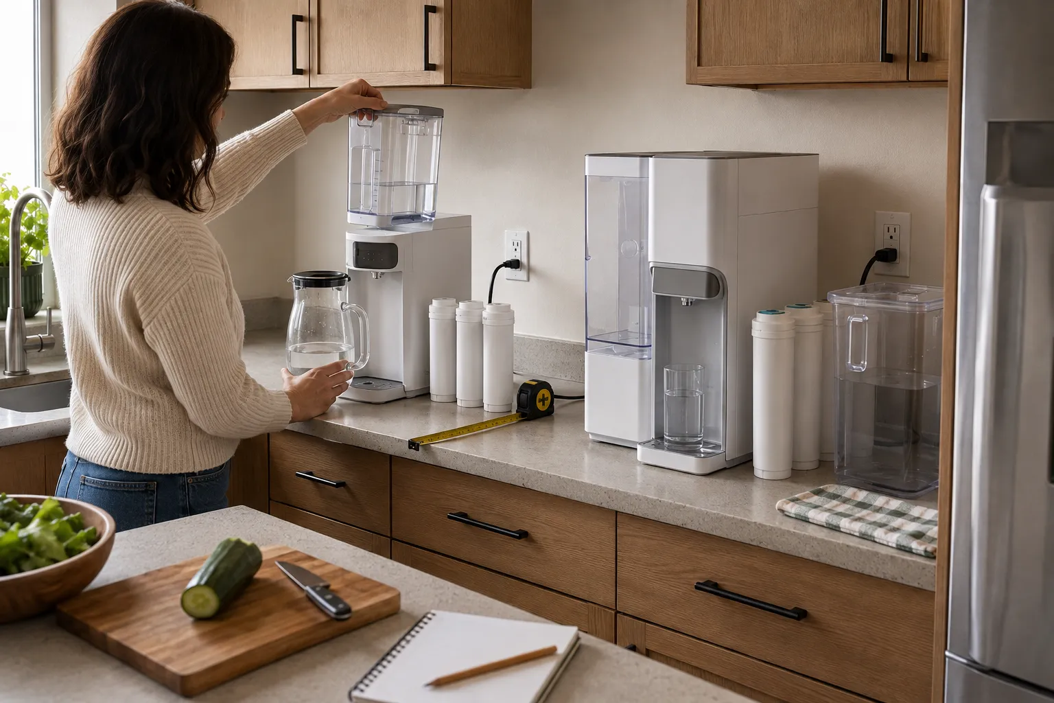Adult renter comparing tank clearance, glass-carafe handling space, permanent counter use, filter access, outlets, and refrigerator routes for two countertop RO systems.