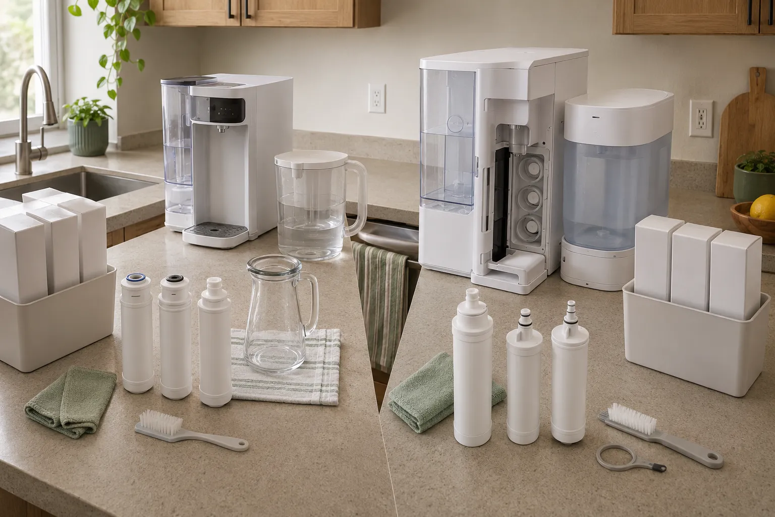 Two countertop RO maintenance setups with separate model-specific replacement filter sets, removable tanks, glass-carafe care, and cleaning tools.