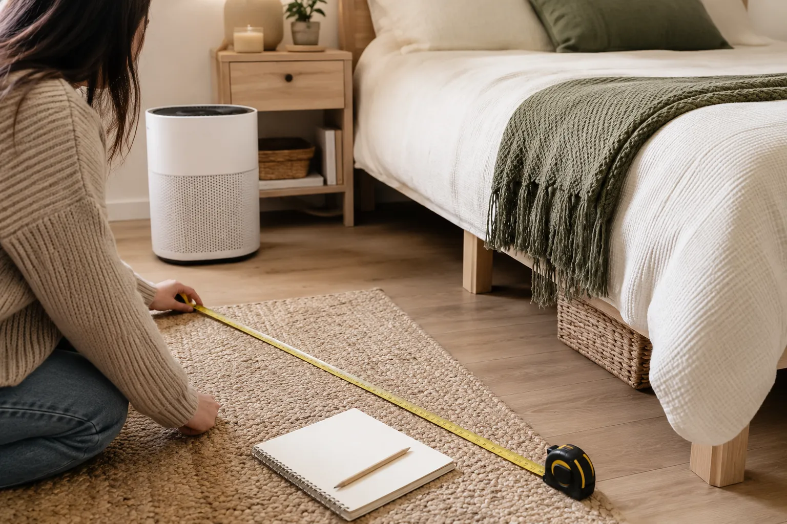 Compact bedroom air purifier beside a bed with a notebook, tape measure, and simple CADR room-size planning notes.
