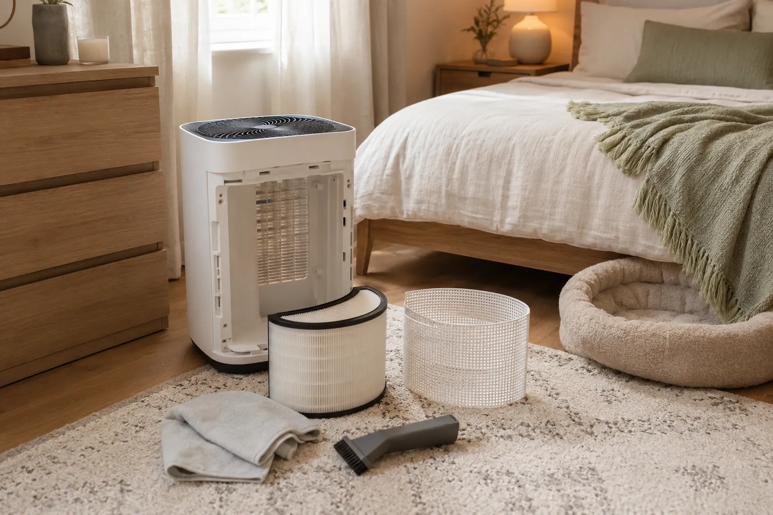 Bedroom air purifier filter maintenance setup with removable filter, pet dander, dust, and a microfiber cloth.