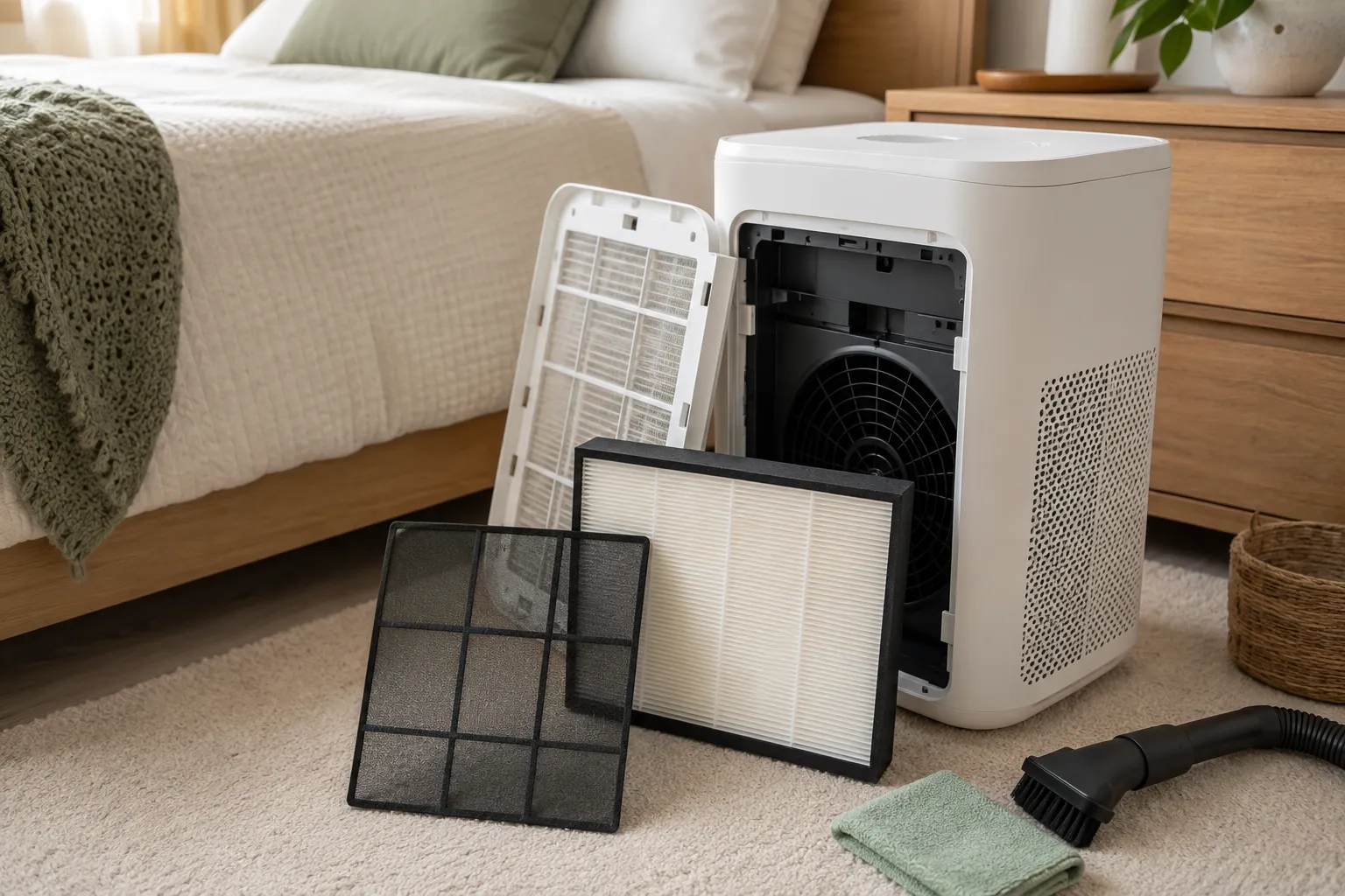 Compact bedroom air purifier with removable filter, pre-filter, microfiber cloth, and simple maintenance tools.