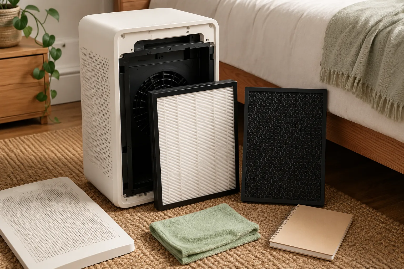 Compact bedroom air purifier with removable HEPA-style and activated carbon filters, microfiber cloth, and simple maintenance setup.