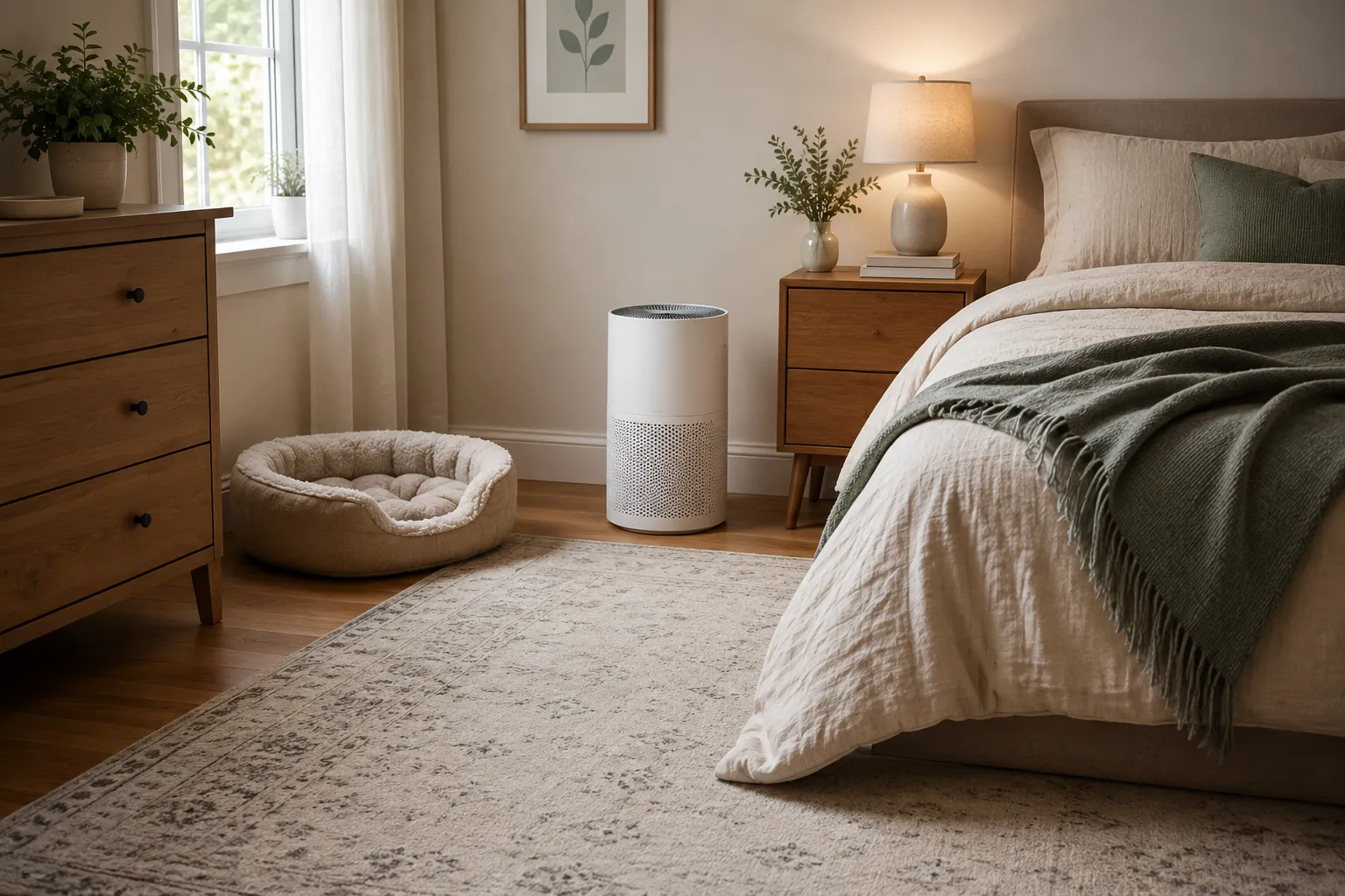 Bedroom air purifier placed near a pet bed with clear airflow around the intake and outlet.