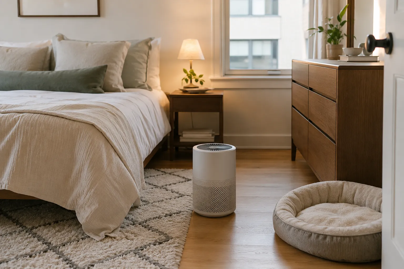 Compact air purifier in a small apartment bedroom near a pet bed, rug, neutral bedding, and warm lamp with clear airflow.