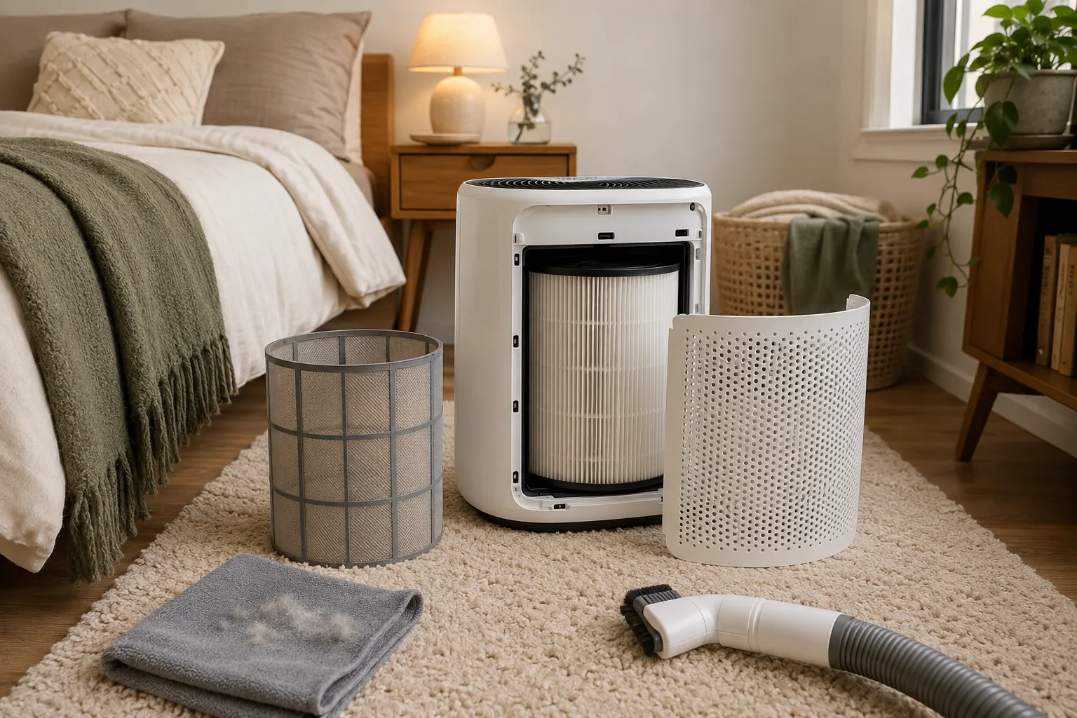 Bedroom air purifier pre-filter dust maintenance with lint, dust, and a removable washable pre-filter.
