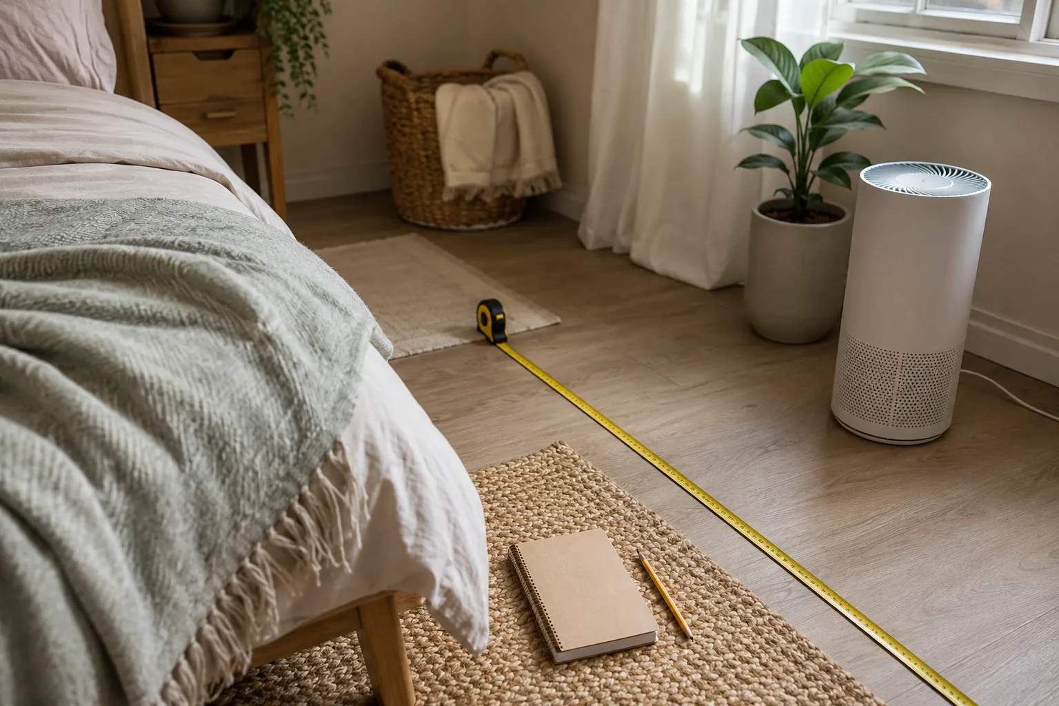 Tape measure, notebook, pencil, and compact air purifier in a small bedroom for planning room size and purifier placement.