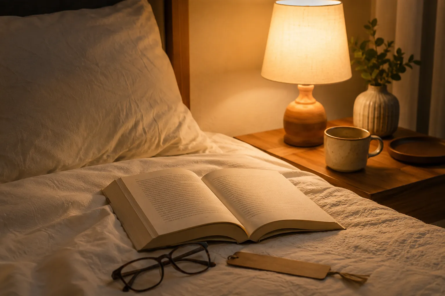 Warm bedside lamp lighting an open book with reading glasses on a cozy bed.