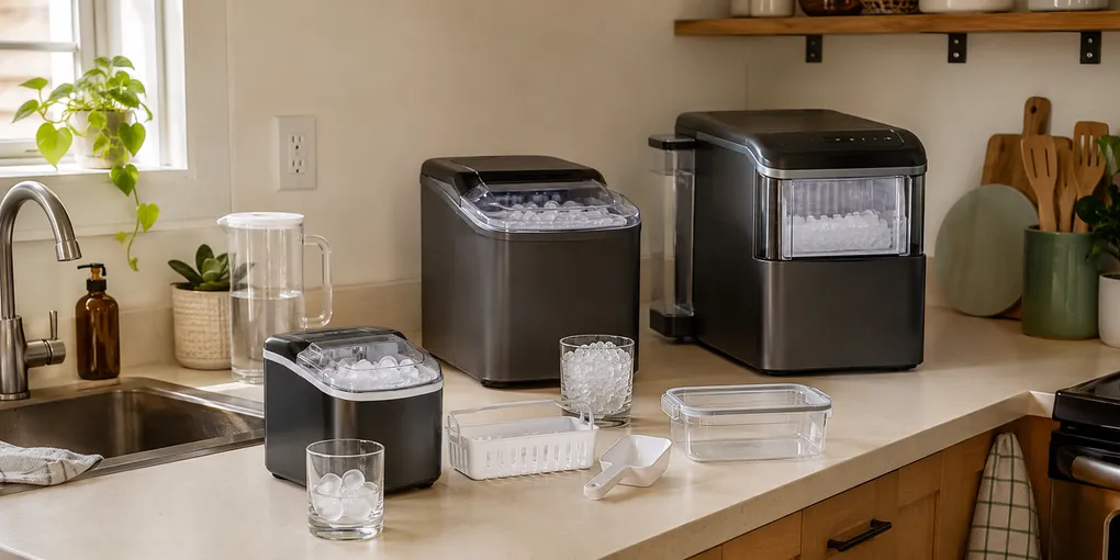 Compact bullet and nugget countertop ice makers compared in a small apartment kitchen with a refill pitcher, ice scoop, glasses, and freezer container.
