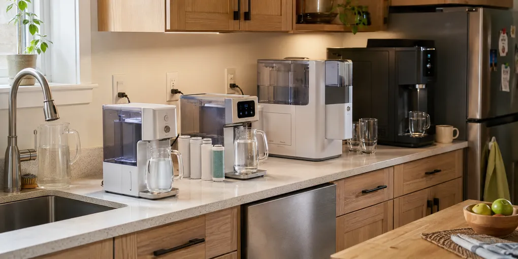 Four countertop reverse-osmosis system styles compared in a small apartment kitchen, including glass-carafe, larger tank, monitoring, and hot-and-cold dispenser setups.