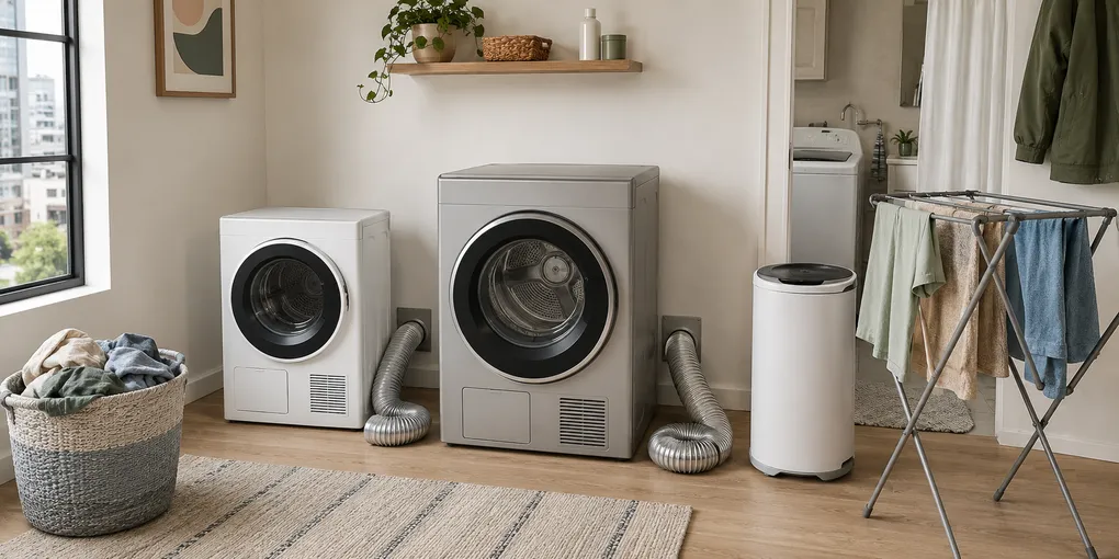 Compact vented dryers and a centrifugal spin dryer compared in a small apartment laundry area with a folding drying rack and laundry basket.