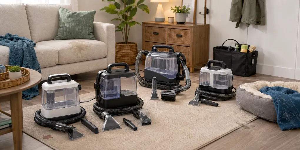 Four portable spot-cleaner roles compared in a small apartment living room with rug, sofa, pet bed, cleaning tools, and compact storage.