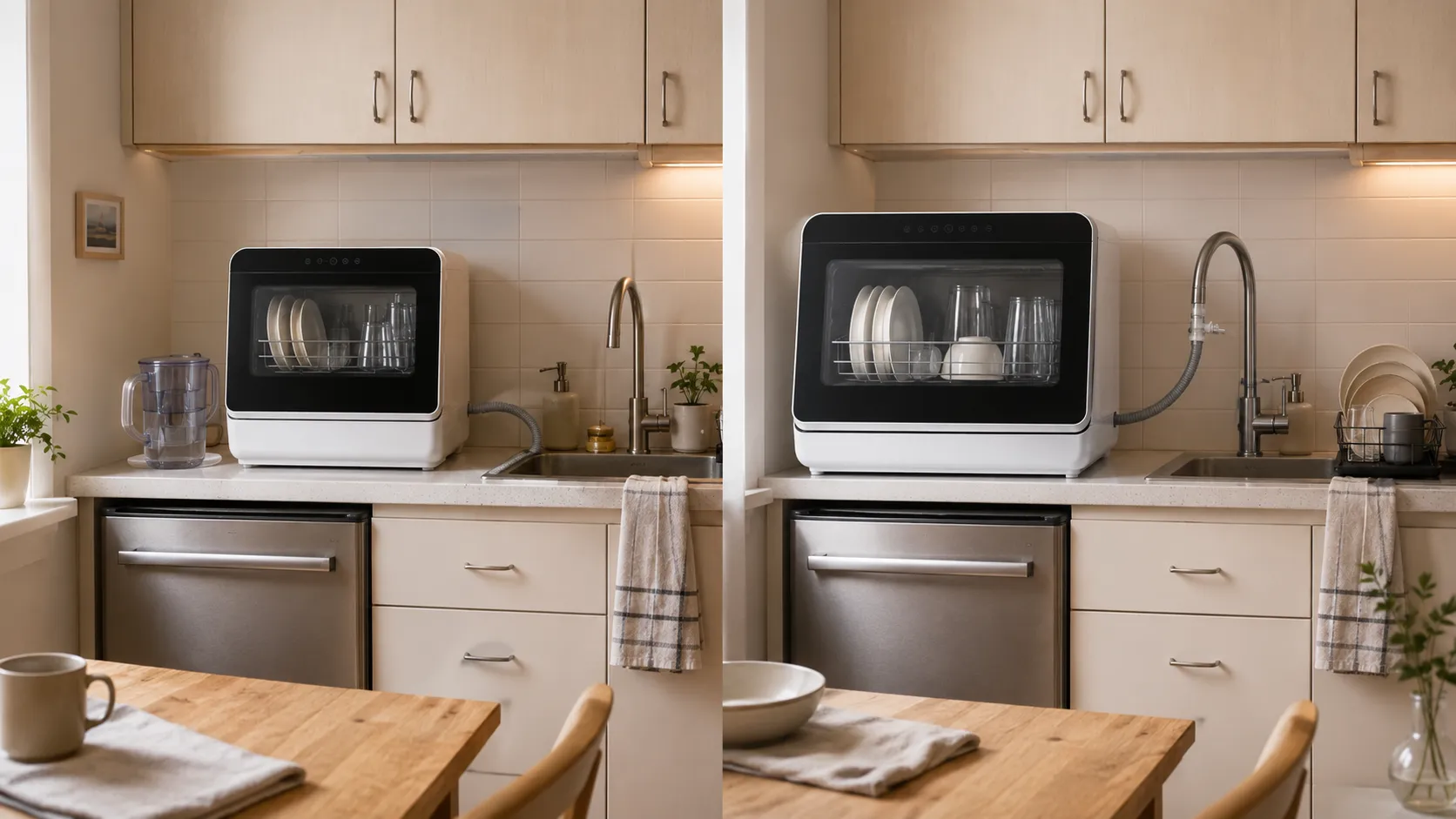 Countertop dishwasher in a small apartment kitchen beside a water pitcher, drain hose, sink, and dish rack.
