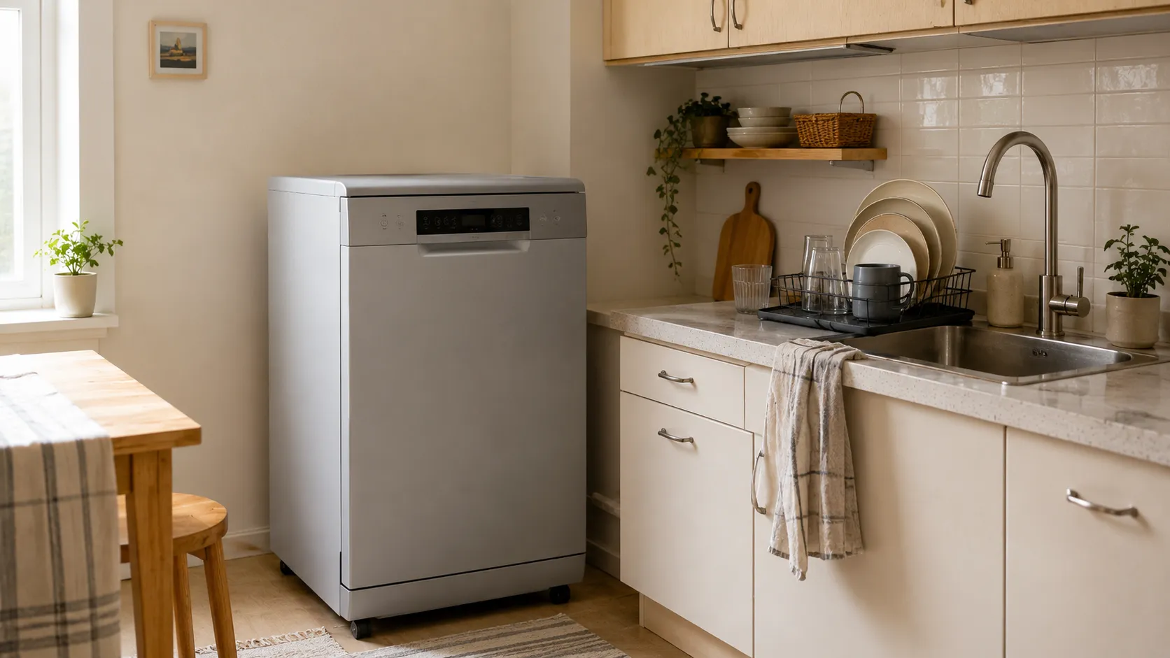 Floor-standing portable dishwasher beside a small apartment kitchen counter, sink, dish rack, and open floor space.