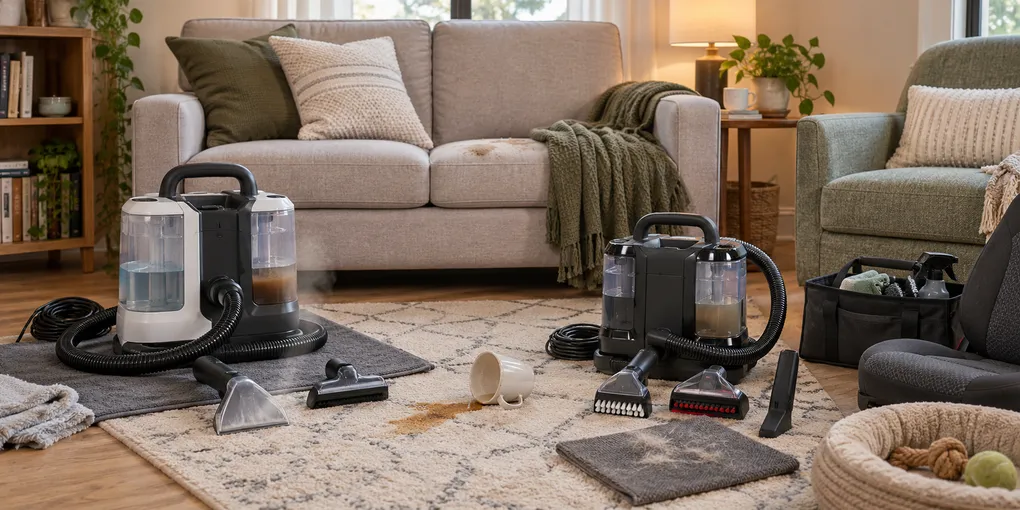 Steam-assisted and tool-focused portable spot cleaners compared in a small apartment with rug, sofa, upholstery tools, crevice attachment, and car-interior cleaning supplies.