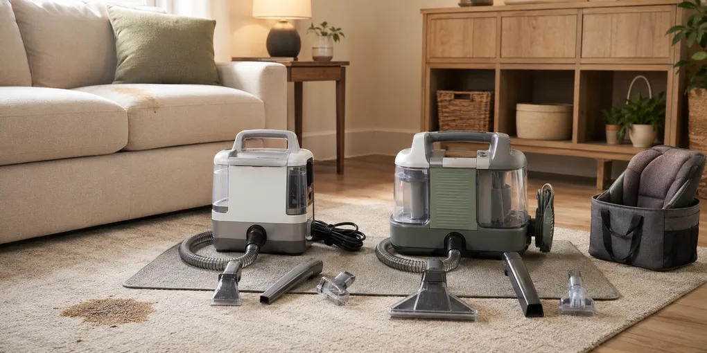 Two portable carpet spot cleaners compared in a small apartment living room with narrow and wide upholstery tools, hoses, tanks, sofa, and area rug.