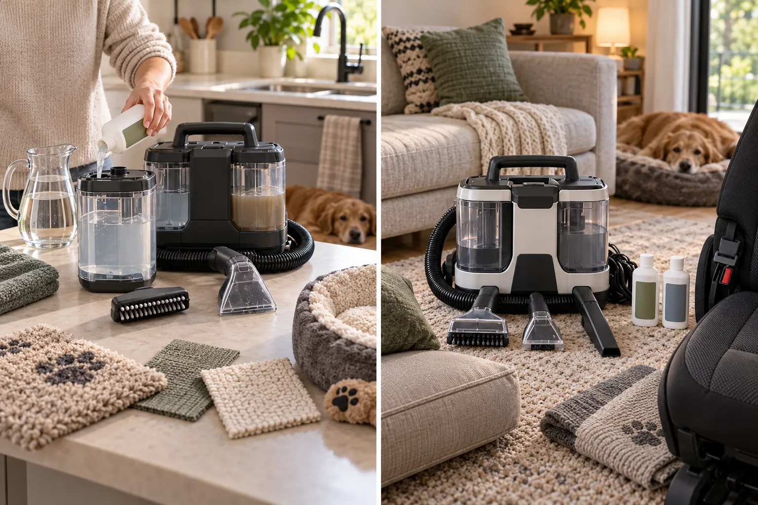 Portable spot-cleaner workflows comparing separate clean and dirty tanks with added formula against a two-formula system with bristle, pet, and crevice tools.