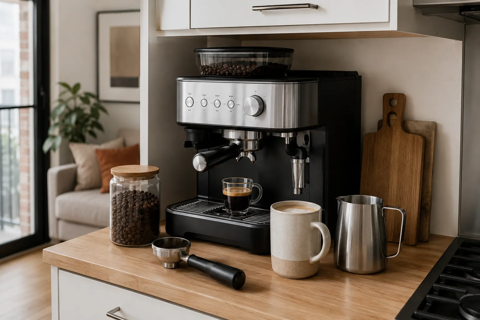 Generic all-in-one espresso machine with built-in grinder, bean hopper, portafilter, milk jug, espresso cup, and drip mug beneath an upper cabinet.