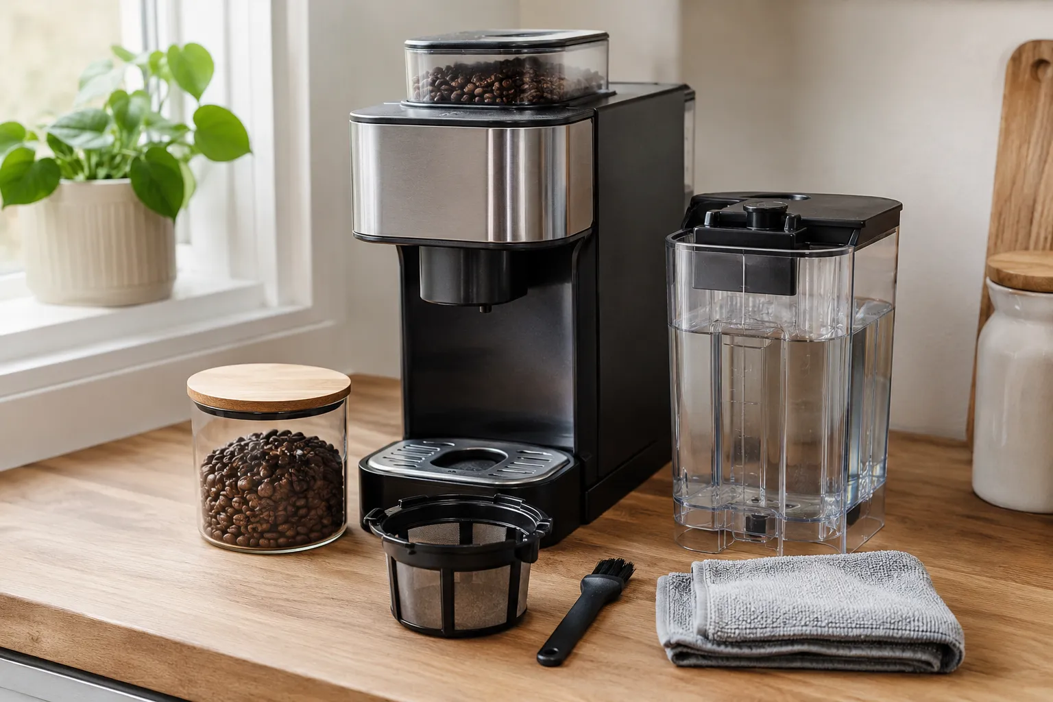 Compact single-serve coffee maker with bean hopper, whole coffee beans, removable reusable filter, water reservoir, brush, and cleaning cloth.