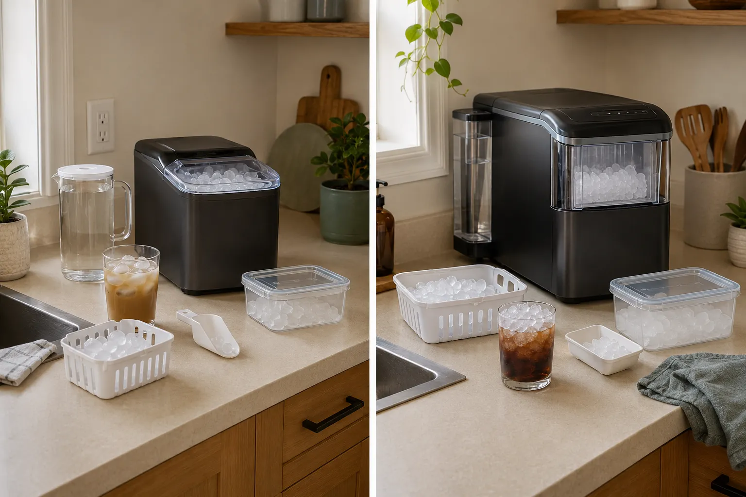 Side-by-side small-apartment setups comparing a compact bullet-ice maker with a deeper nugget-ice maker, refill supplies, drinks, and freezer containers.