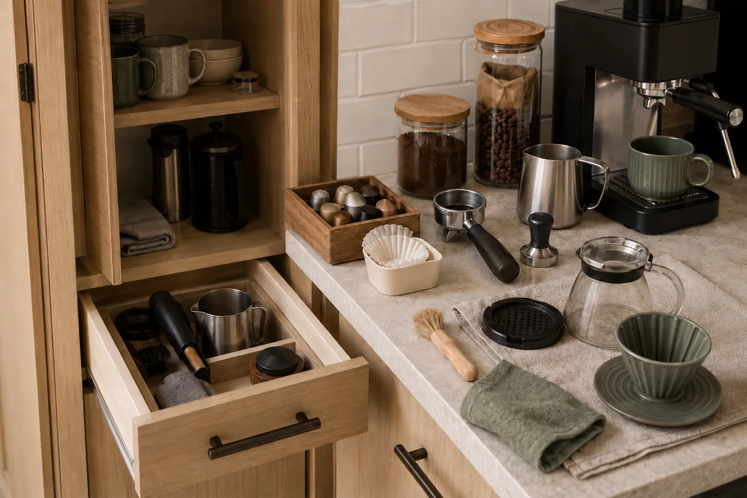 Small-apartment coffee supplies and cleanup tools organized in a cabinet and counter area, including pods, grounds, beans, filters, portafilter, milk jug, and manual brewer.