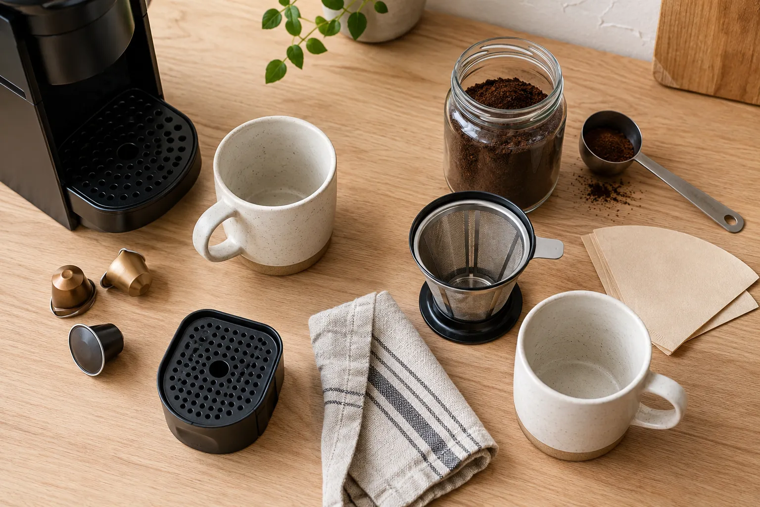 Flat lay comparison of unbranded coffee capsules and a ground-coffee setup with reusable filter, paper filters, scoop, and ceramic mugs.