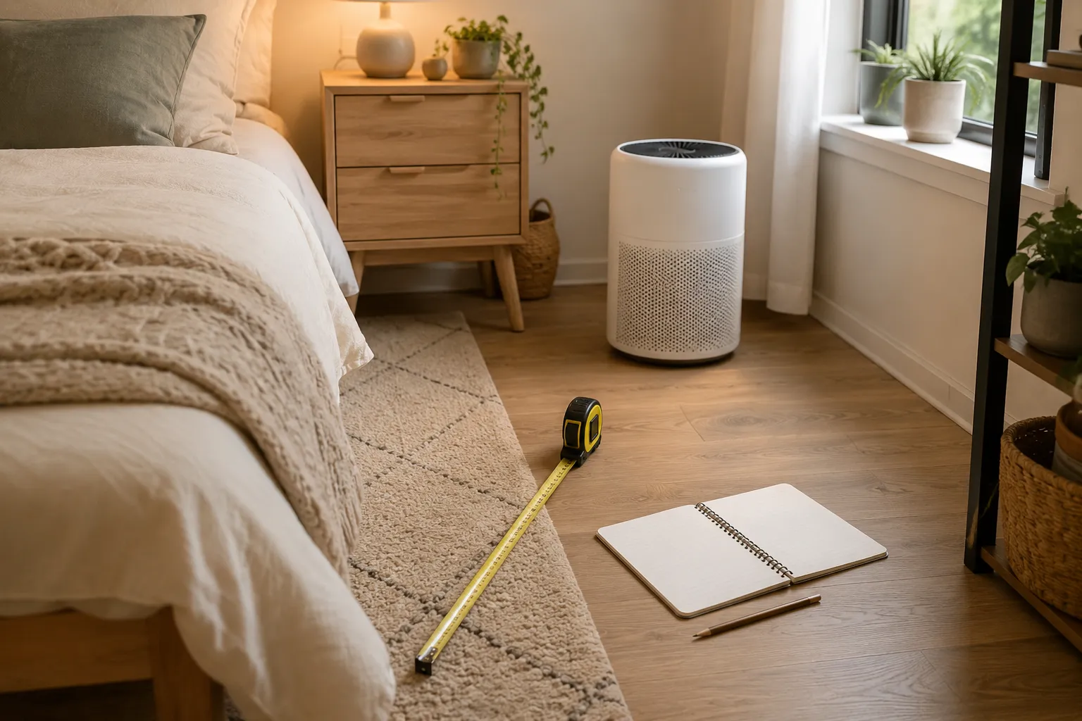 Compact air purifier in a small bedroom with a simple CADR planning note and tape measure for room sizing.