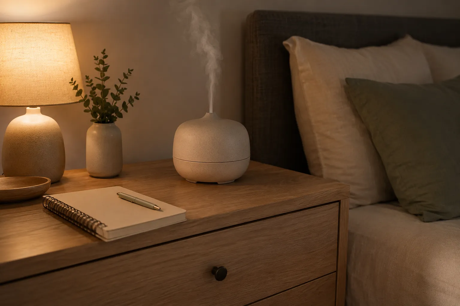Compact bedroom diffuser on a dresser with warm lamp lighting and simple storage for a quiet small-bedroom setup.
