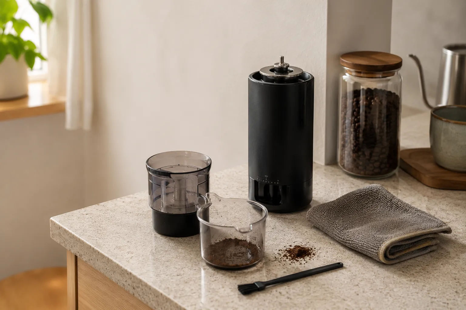 Compact electric coffee grinder with removable hopper, grounds cup, grinder brush, cleaning cloth, and coffee beans on a narrow kitchen counter.