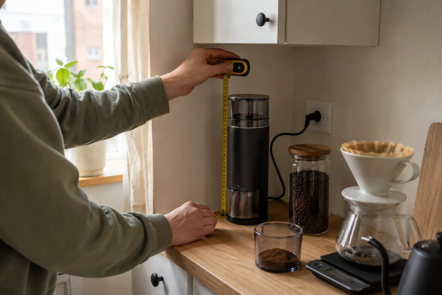 Slim electric coffee grinder on a narrow apartment counter with a tape measure, upper-cabinet clearance, beans, catch cup, and pour-over brewer.