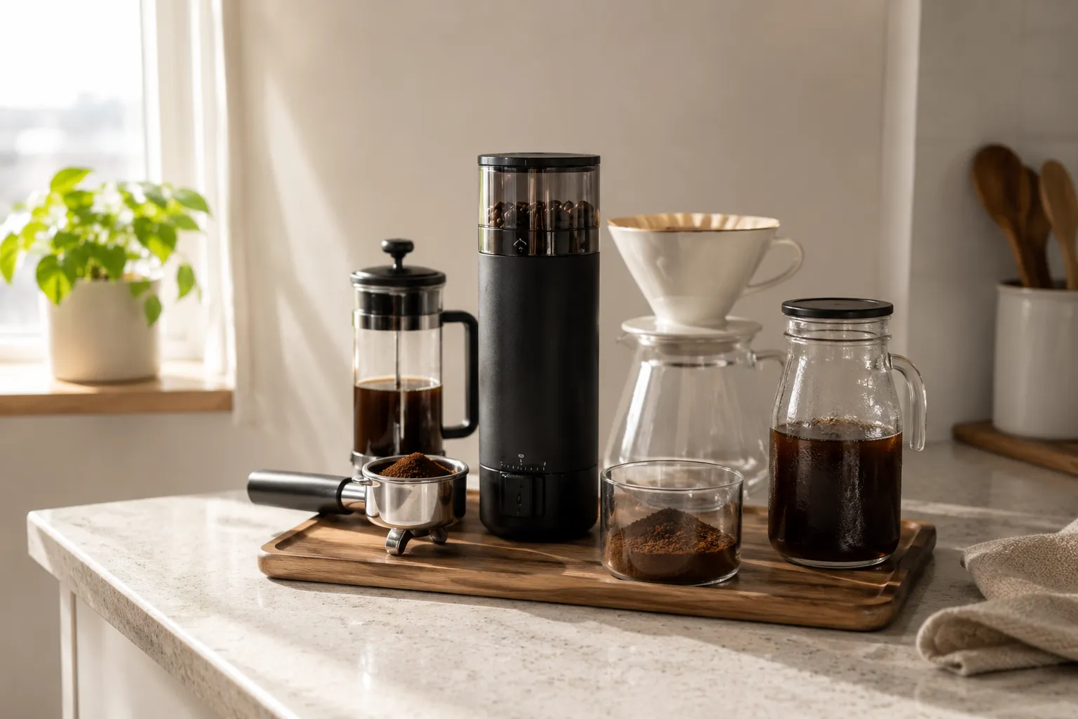 Slim electric burr grinder with pour-over dripper, portafilter, French press, cold-brew jar, whole beans, and ground coffee on a small apartment counter.