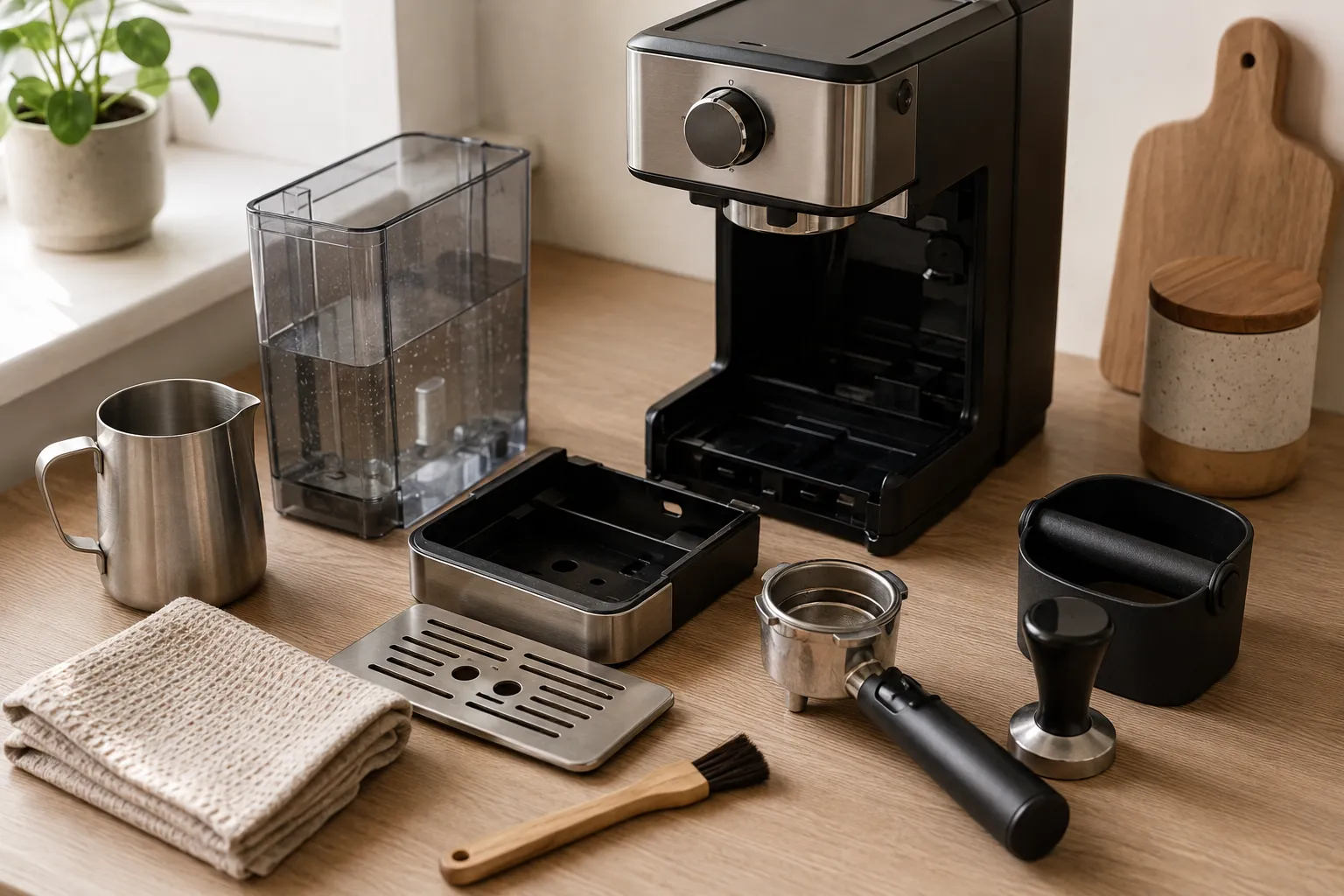 Compact espresso accessories tray with portafilter, tamper, milk jug, grinder brush, cloth, espresso cup, and grounds container.