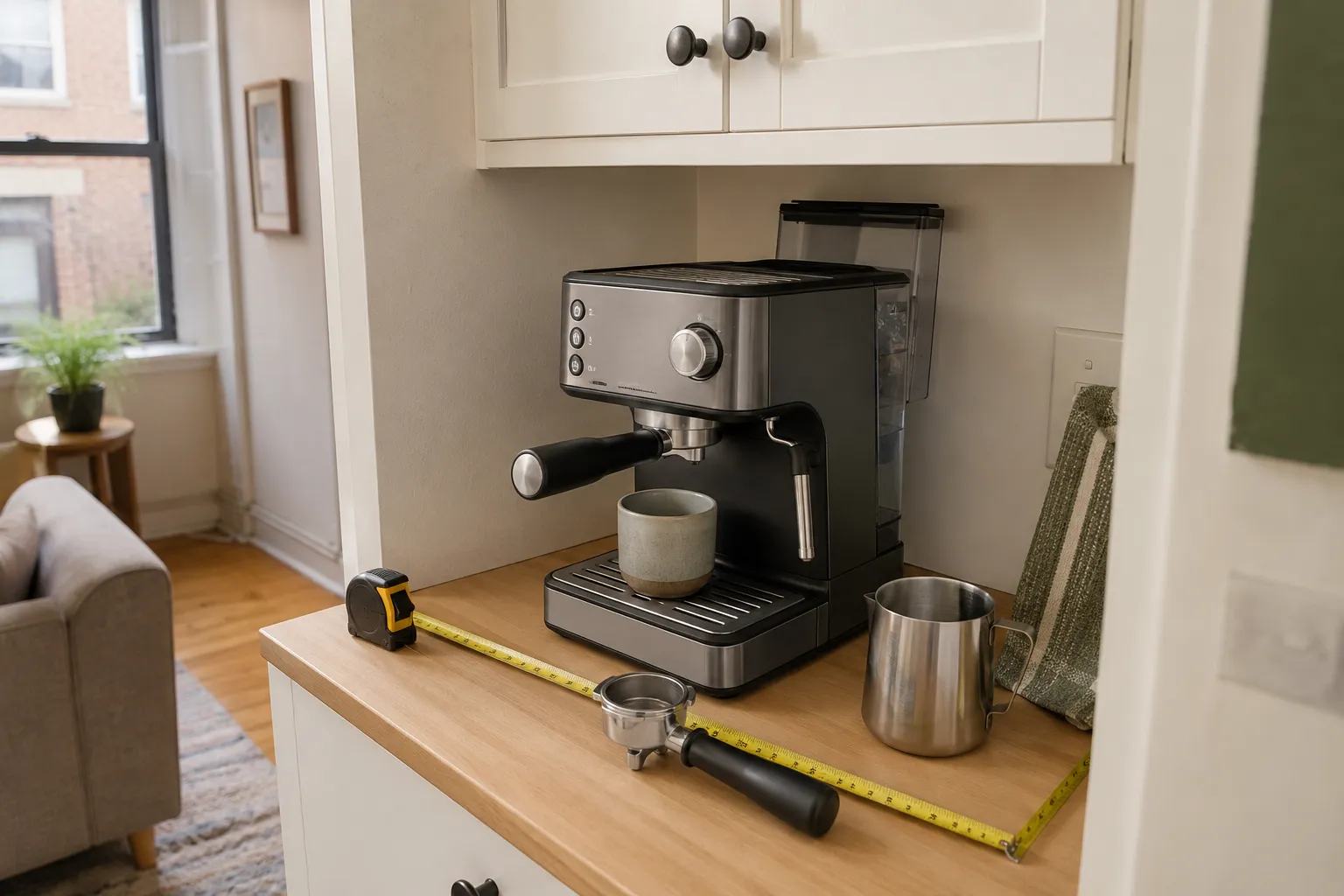 Slim espresso machine on a narrow apartment counter with tape measure, upper-cabinet clearance, grinder, portafilter, milk jug, and espresso cup.