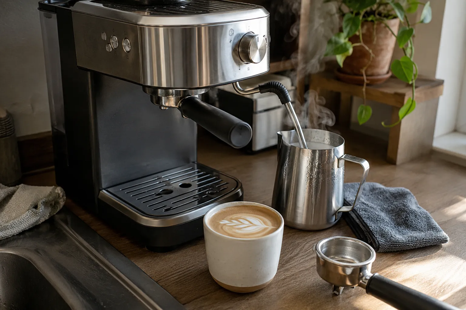 Compact espresso machine with steam wand, milk jug, portafilter, latte cup, espresso cup, and cleaning cloth on a narrow kitchen counter.