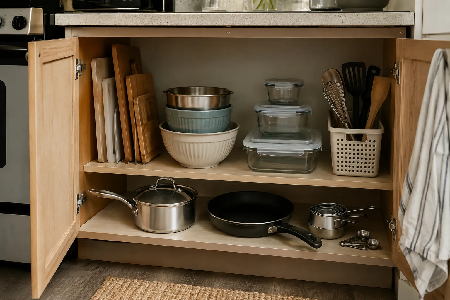 Small apartment kitchen cabinet with nesting bowls, upright cutting boards, stacked food containers, saucepan, skillet, and organized beginner tools.