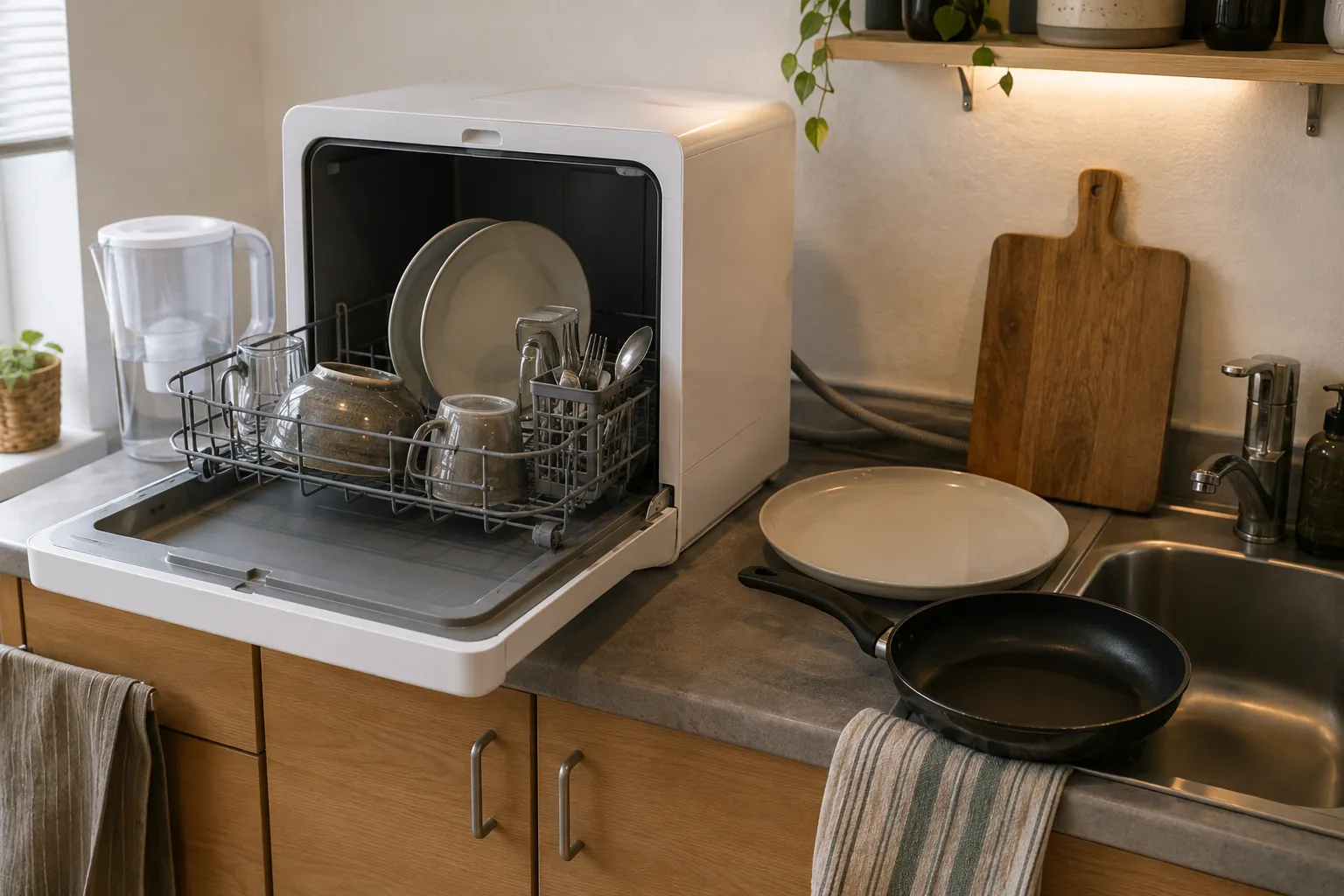 Compact water-tank countertop dishwasher loaded with a small daily dish set while a large frying pan and cutting board remain beside the sink.