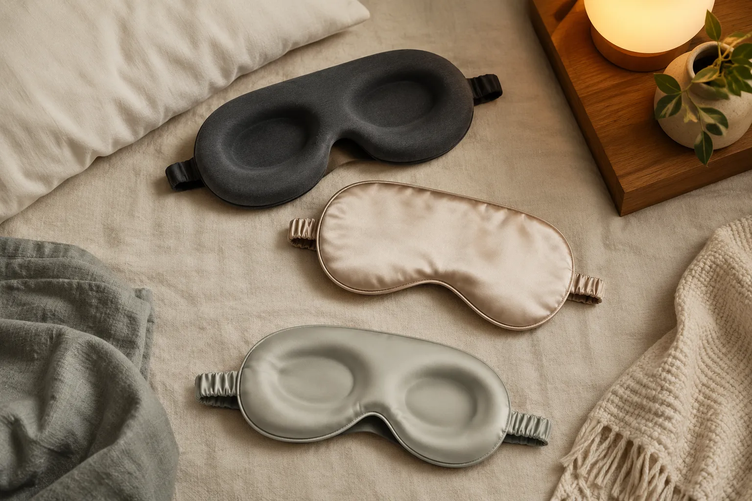 Flat lay of contoured, silk, and contoured silk sleep masks on neutral bedding with soft bedroom lighting.