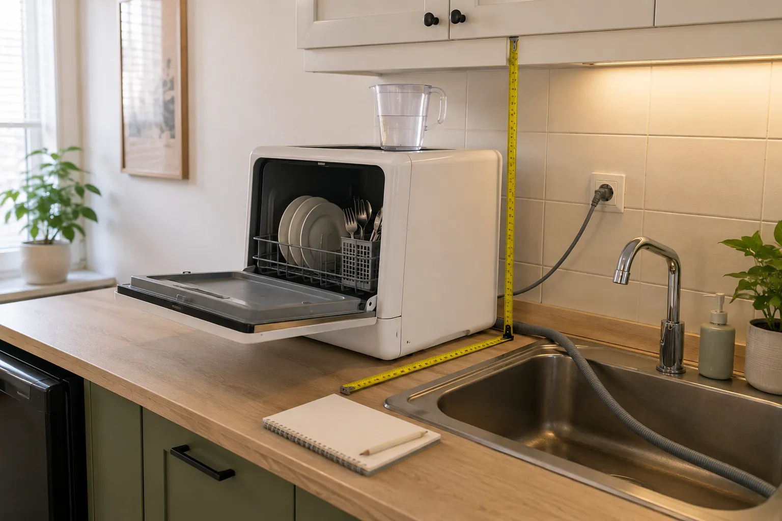 Measuring a small kitchen counter, cabinet clearance, drain-hose route, and sink distance for a countertop dishwasher.