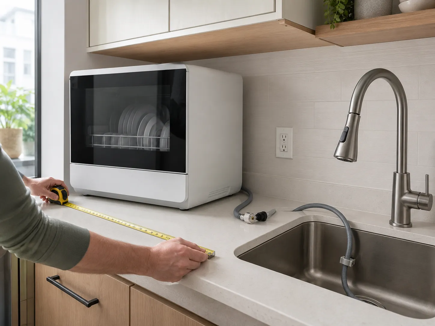 Countertop dishwasher space being measured beside a pull-down faucet, with a loose connector, open-door clearance, and drain hose routed into the sink.