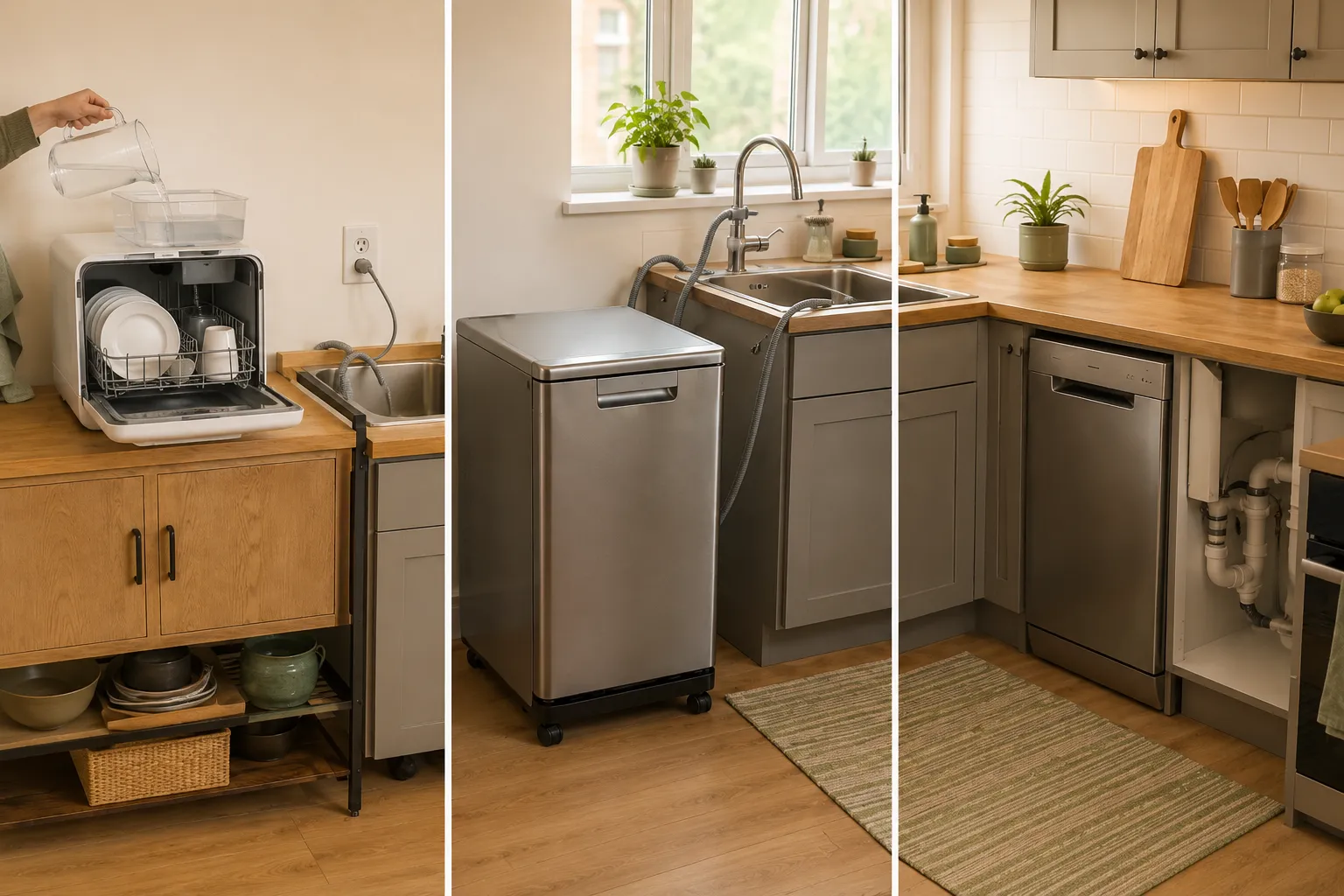Manual-fill countertop, temporary faucet-connected portable, and permanently installed built-in dishwasher water and drainage setups.