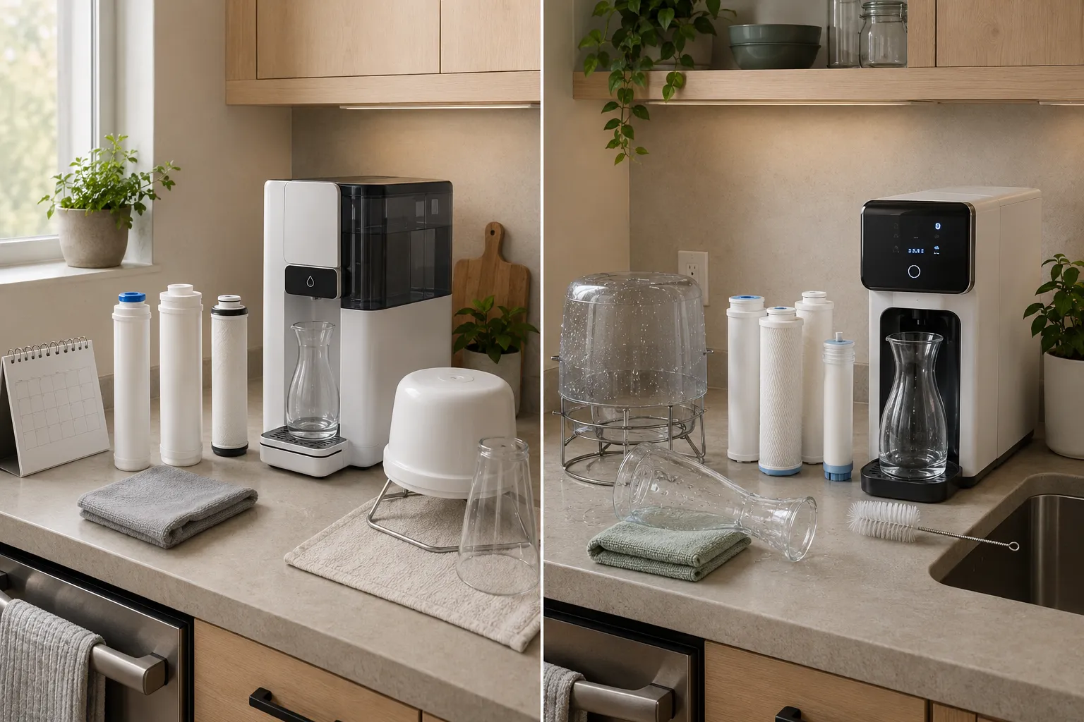 Two countertop RO maintenance setups comparing scheduled filter replacement with multi-stage filtration, status monitoring, tank cleaning, and glass-carafe care.