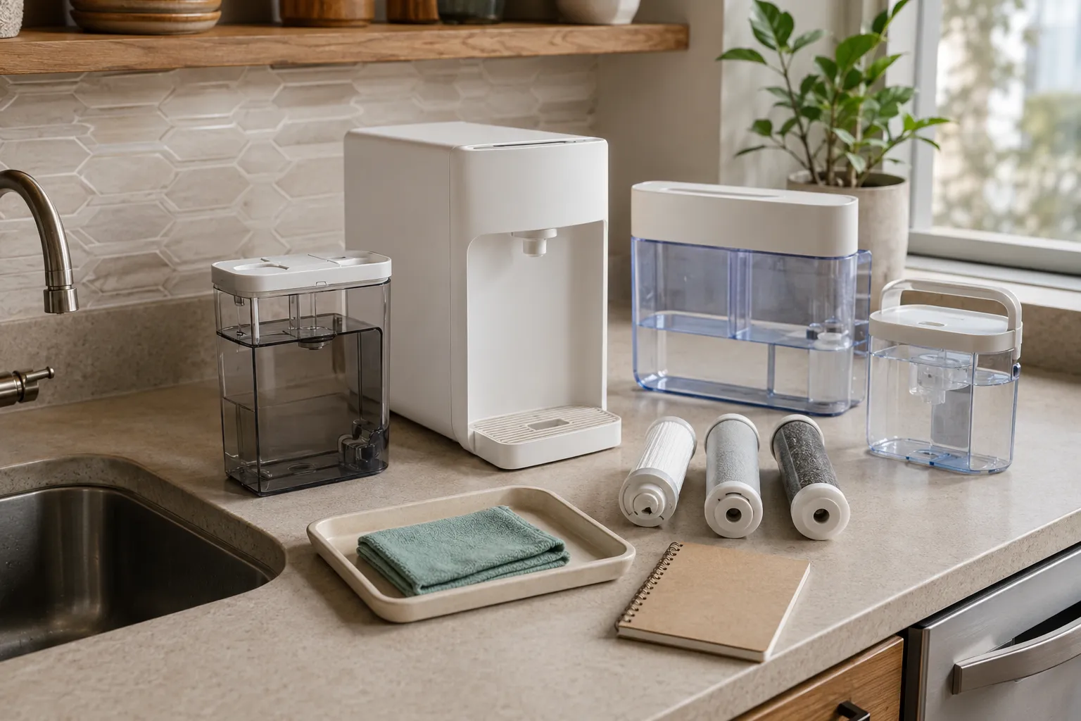 Countertop reverse-osmosis dispenser with source-water, clean-water, and concentrated-water tanks beside clean replacement filter cartridges.