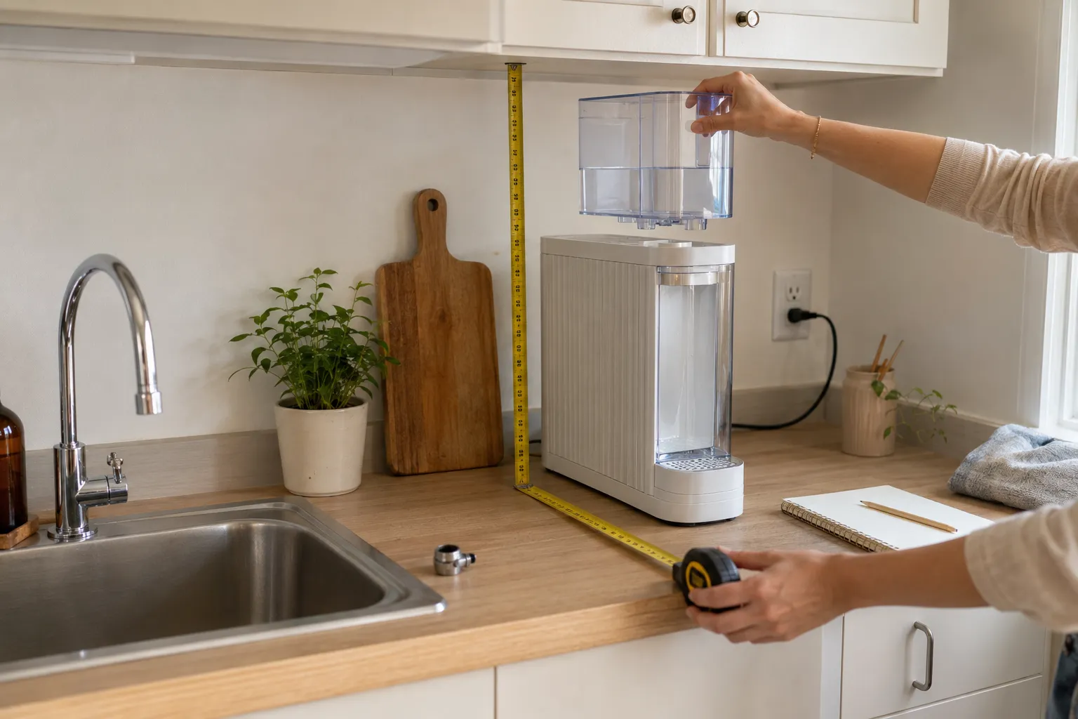 Measuring faucet compatibility, counter depth, cabinet clearance, refill space, and outlet access for a countertop water filter in a rental kitchen.