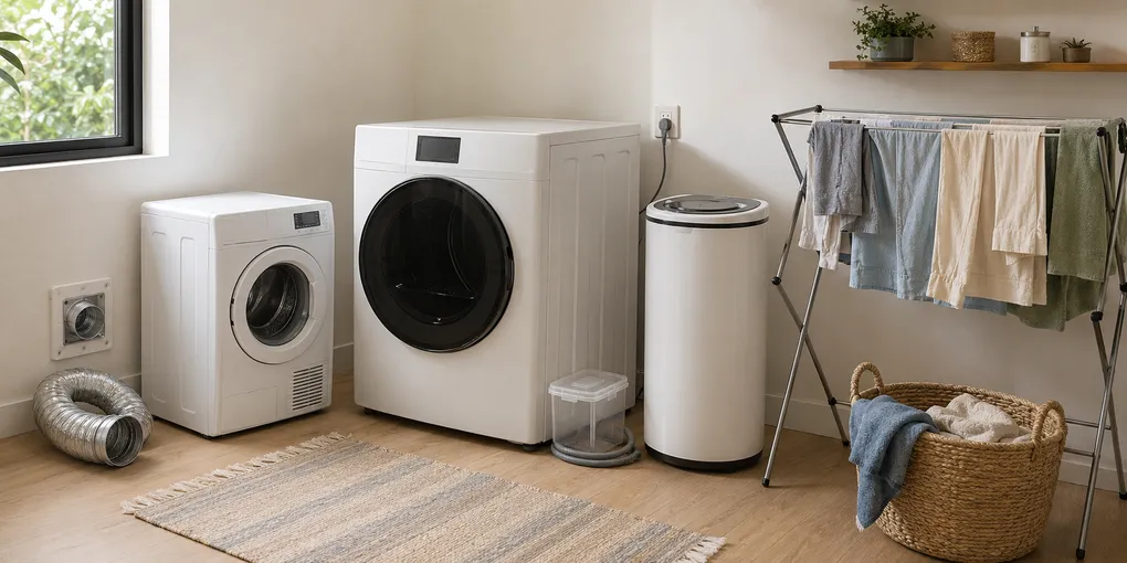 Compact vented dryer, larger ventless heat-pump dryer, and centrifugal spin dryer compared in a small apartment laundry area.