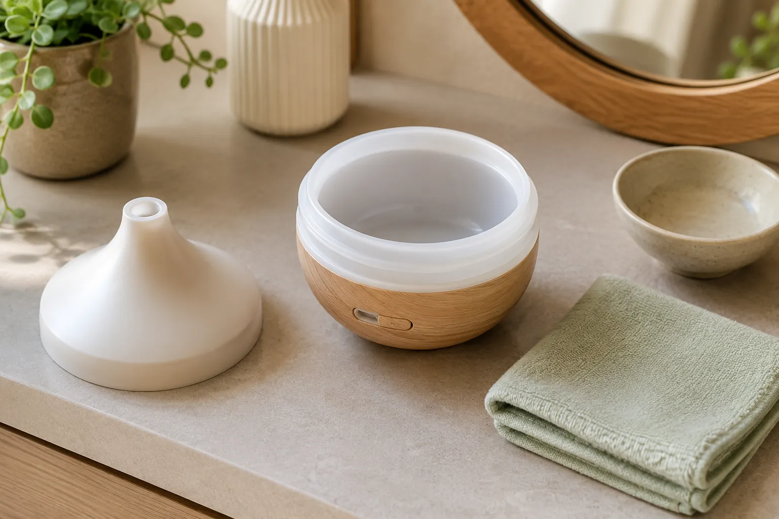 Compact essential oil diffuser with open water tank, removable lid, and folded cloth showing an easy-clean bedroom diffuser setup.